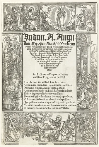Titelblad met o.a. de doop van Christus en een visioen van Johannes de Evangelist by Unknown, print, 1500-1517