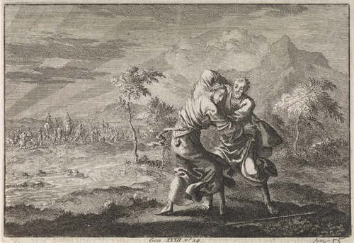 Jakob in gevecht met de engel by Jan Luyken, print, 1703-1762