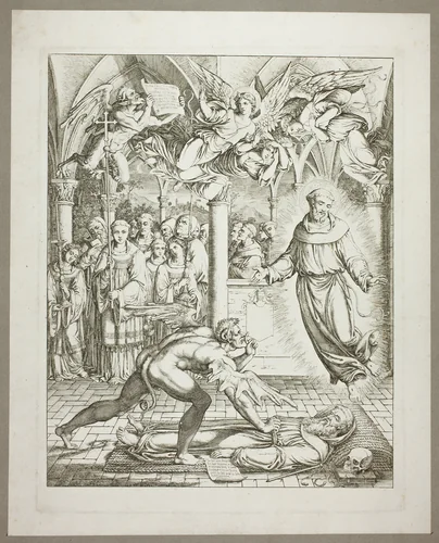 The Struggle Between the Devil and St Francis of Assisi for the Soul of Guido da Montefeltro, plate three from Darstellungen aus Dante's Hölle by Joseph Anton Koch, print, 1807-1808