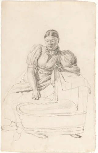 Vrouw bij wieg by anonymous, drawing, 1700-1800