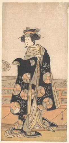 Yoshizawa Iroha as a Woman Standing on the Engawa of a House by a River by Katsukawa Shunshô (勝川春章), print, 1768-1788