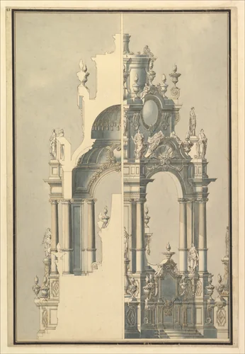 Elevation and Section for a Catafalque for the Dauphin of France, d. 1711 by Giuseppe Galli Bibiena, drawing, 1706-1716