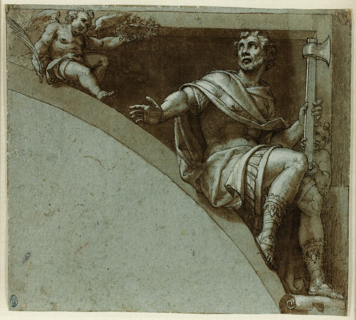 Design for a Spandrel: A Roman Martyr and Two Putti–Saint Jude the Apostle by Livio Agresti, drawing, 1573-1575