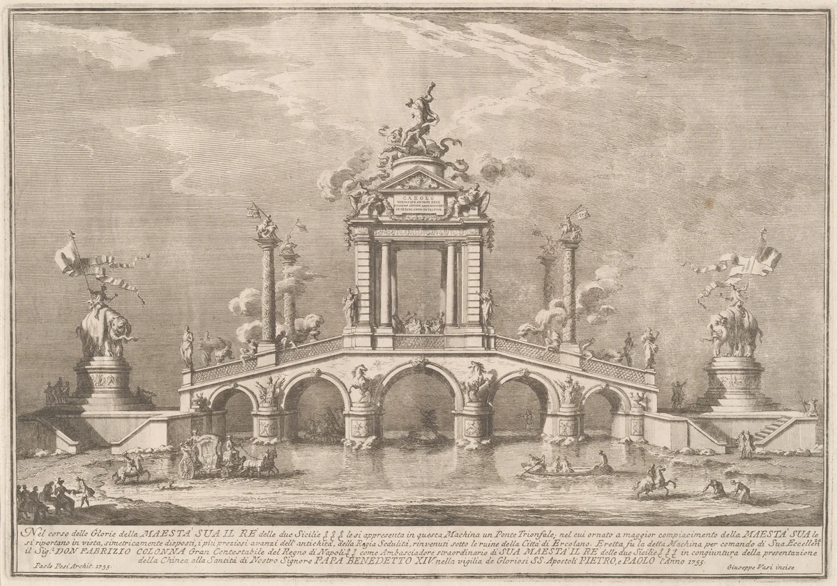 The Prima Macchina for the Chinea of 1755: A Triumphal Bridge with Antiquities from Herculaneum by Giuseppe Vasi, print, 1755