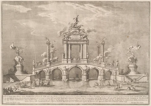 The Prima Macchina for the Chinea of 1755: A Triumphal Bridge with Antiquities from Herculaneum by Giuseppe Vasi, print, 1755