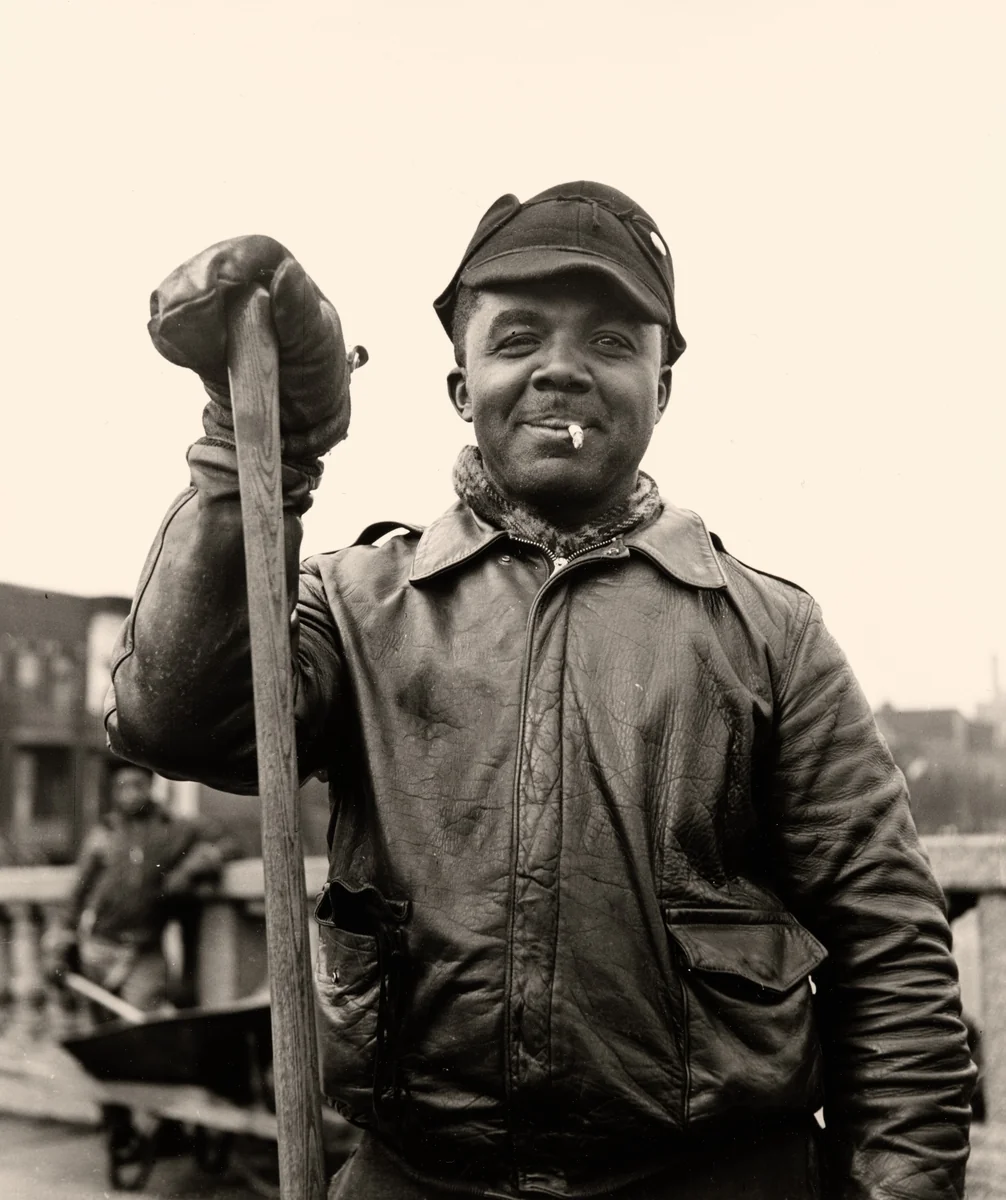 Street Sweeper in World War II Army Surplus Leather Jacket, Chicago, Illinois by Wayne Miller, photograph, 1946