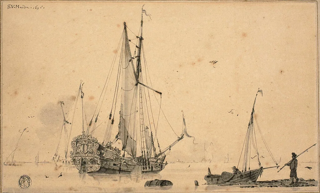 Harbor Scene with Ships and Fisherman by Sieuwert van der Meulen, drawing, 1698