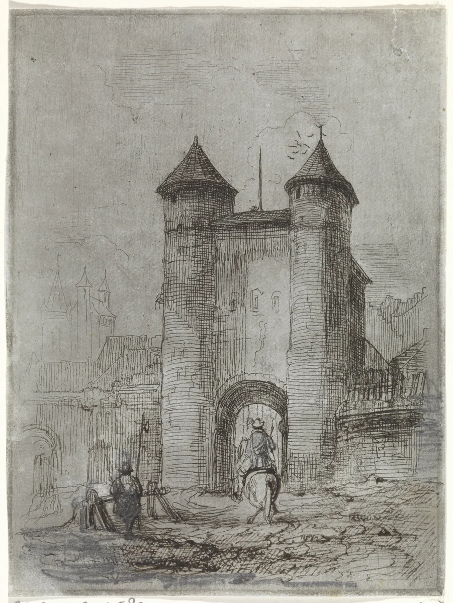 Gezicht op de Helpoort te Maastricht, gezien vanaf de veldzijde by Arnoud Schaepkens, print, 1831-1904