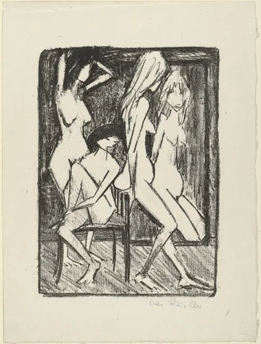Three Girls Before the Mirror (Drei Mädchen vor dem Spiegel) by Otto Mueller, print, 1922