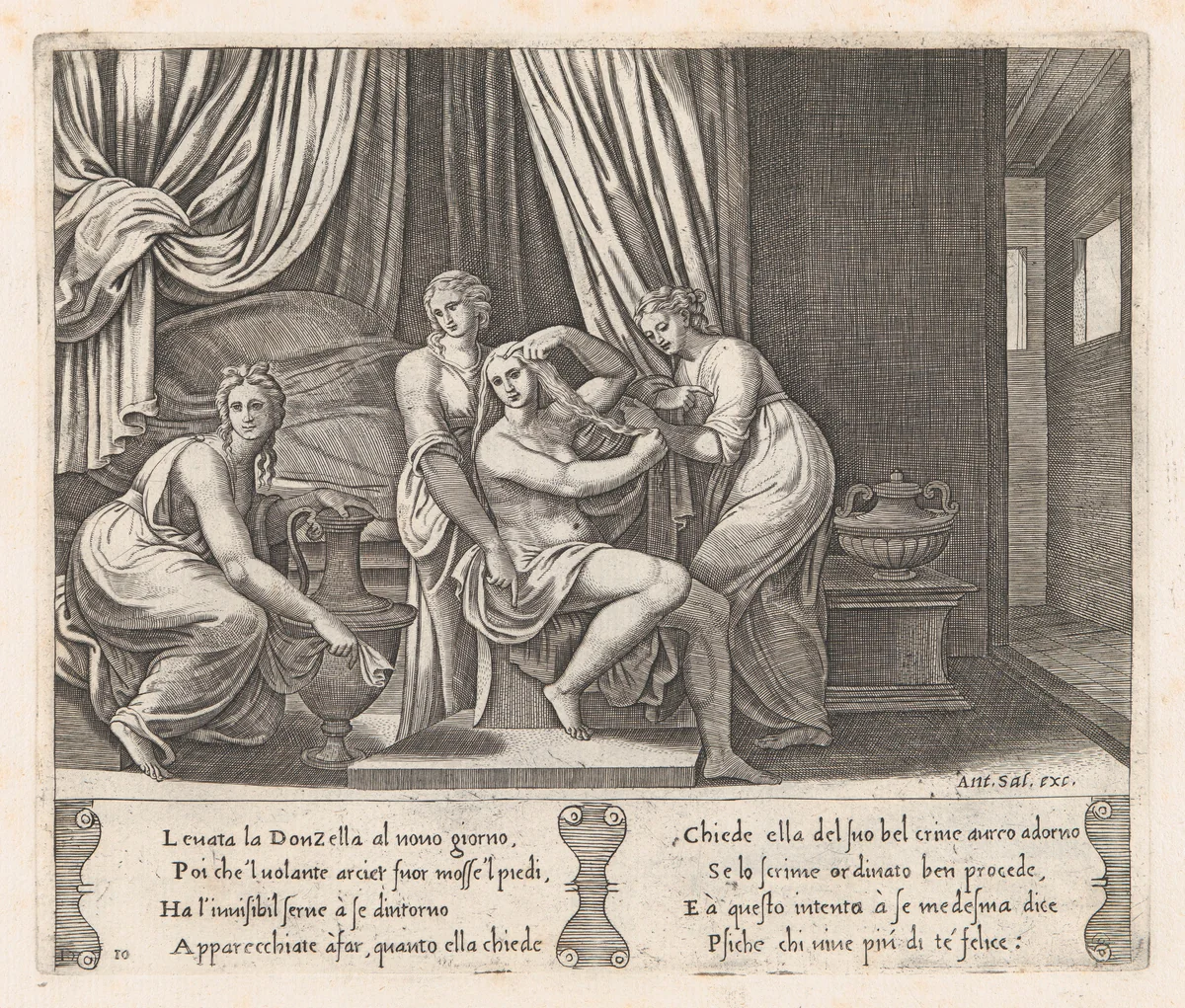 Plate 10: Nymphs dressing Psyche's hair, from "The Story of Cupid and Psyche as told by Apuleius" by Master of the Die, print, 1530-1560