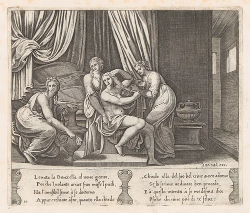 Plate 10: Nymphs dressing Psyche's hair, from "The Story of Cupid and Psyche as told by Apuleius" by Master of the Die, print, 1530-1560