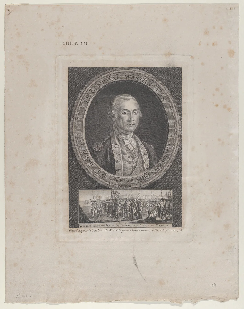 Le Général Washington, Commendant en Chef des Armées Americaines, né en Virginie en 1733 (General Washington, Commander in Chief of the American Armies, born in Virginia in 1733 [sic]) by Charles Willson Peale, print, 1783-1786
