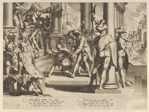 Allegory of Justice (Sanctity of the Law) with a court scene depicting a man being pardoned by a judge, plate 12 from "Thronus Justitiae, tredecim pulcherrimus tabulis..." by Willem van Swanenburg, print, 1605-1606