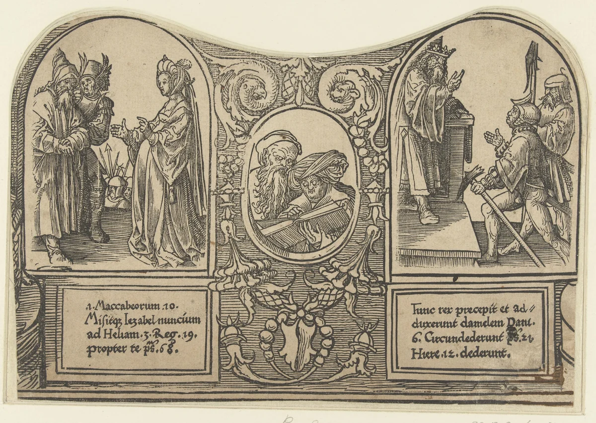 Izebel bedreigt Elia en Babyloniers eisen de dood van Daniel by Unknown, print, 1518-1522