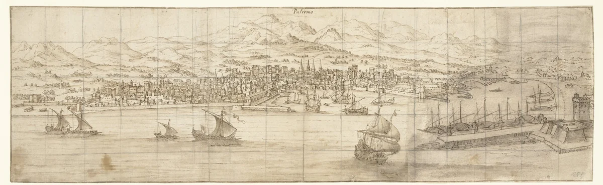 Gezicht op Palermo met de Molo Nuovo by Joris Hoefnagel, drawing, 1595-1601