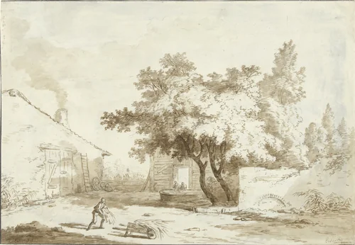 Boerenhoeve met grote bomen en mensen by Charles Echard, drawing, 1758-1810