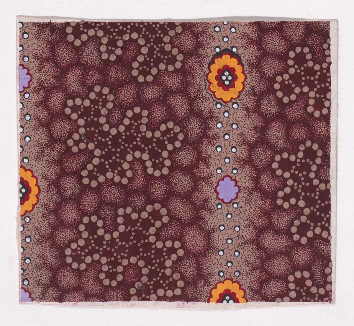Textile Design with Alternating Vertical Strips of Amoeba Figures and Vertical Garlands Decorated with Rosettes and Pearls Over a Honeycomb Pattern Background by anonymous, drawing, 1840