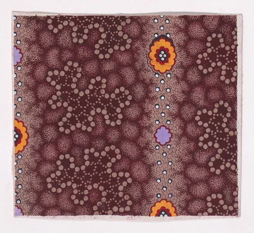 Textile Design with Alternating Vertical Strips of Amoeba Figures and Vertical Garlands Decorated with Rosettes and Pearls Over a Honeycomb Pattern Background by anonymous, drawing, 1840