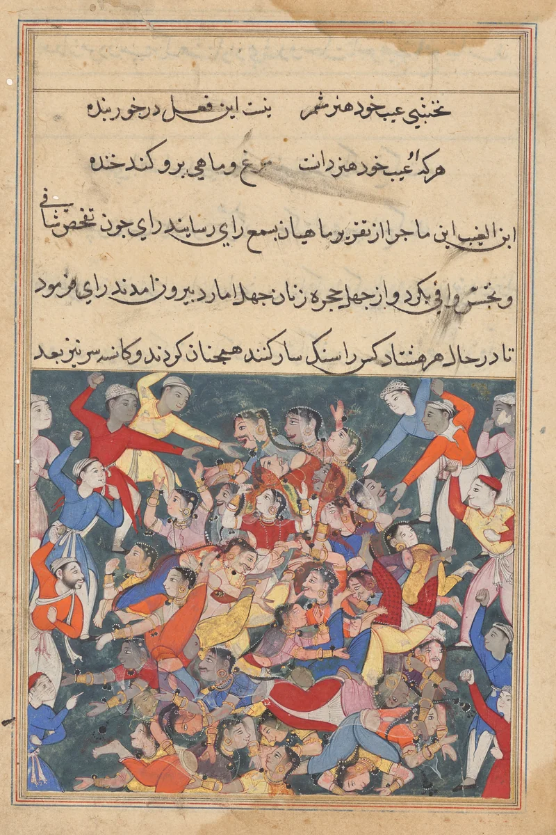 The forty wives and their secret paramours being punished by stoning to death, from a Tuti-nama (Tales of a Parrot): Twenty-third Night by Unknown, painting, 1555-1565