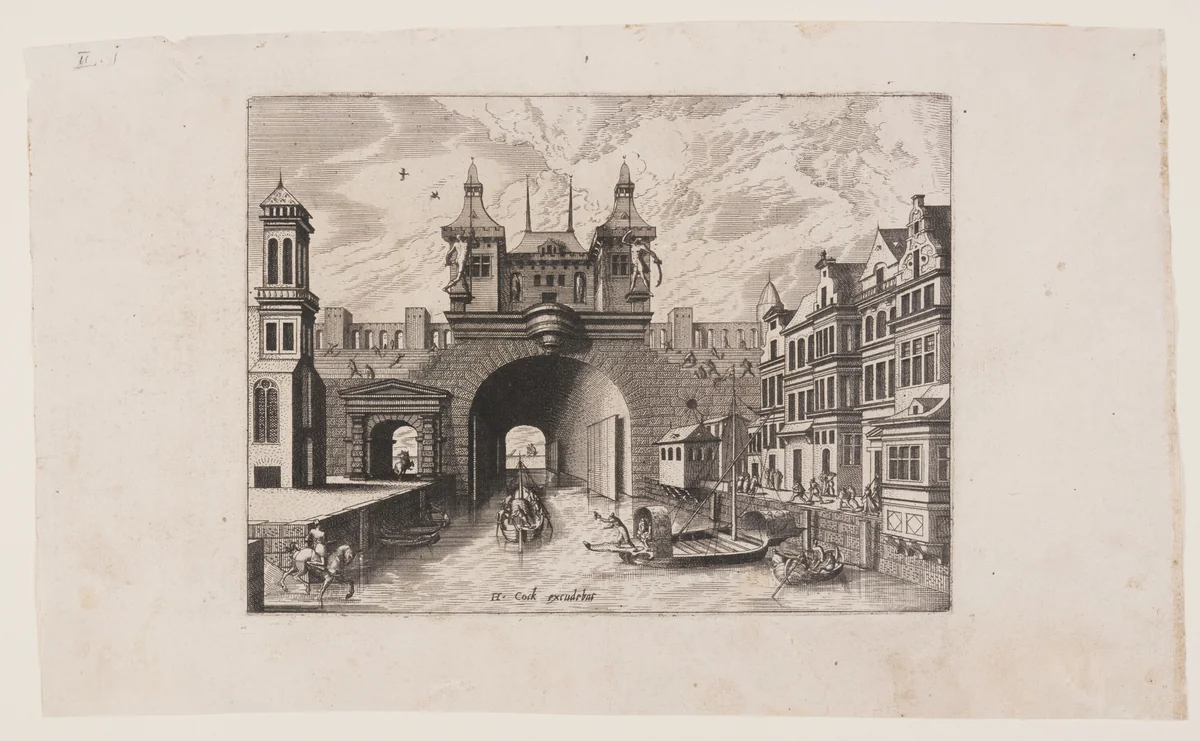 View from a canal of the gate bridge with shutters of a fortified town, street façade on the right by Johannes van Doetecum
Lucas van Doetecum
Hans Vredeman de Vries, print, 1562