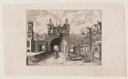View from a canal of the gate bridge with shutters of a fortified town, street façade on the right by Johannes van Doetecum
Lucas van Doetecum
Hans Vredeman de Vries, print, 1562