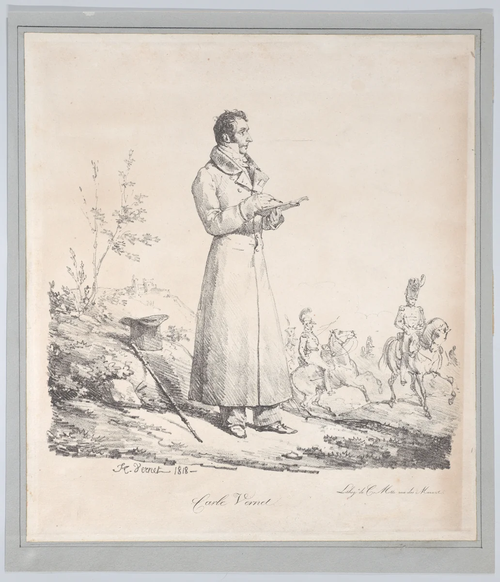 Portrait of Carle Vernet Sketching by Horace Vernet, print, 1816