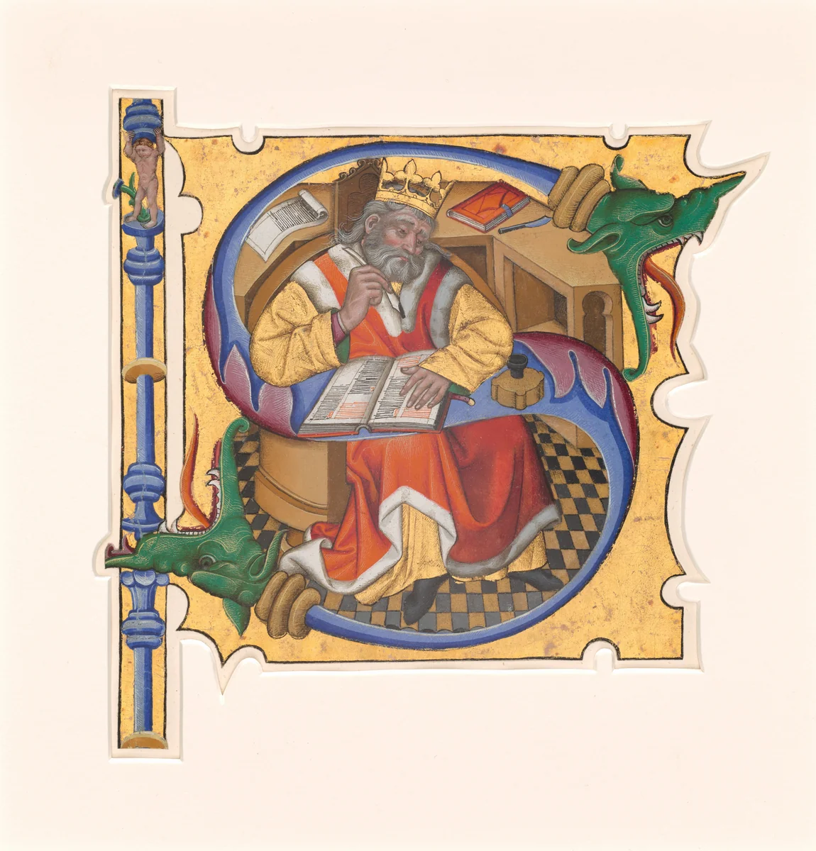 Initial S with King David as Scribe by Master of the Cypresses, drawing, 1430-1440