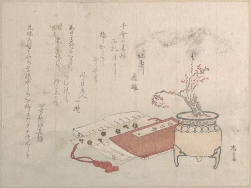 Potted Plum Tree in Blossom and Books by Ryūryūkyo Shinsai (柳々居辰斎), print, 1800-1899