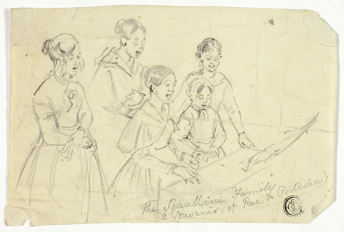 The Squallini Family: A Souvenir of Rue de Poitevin by William Parrott, drawing, 1840-1849