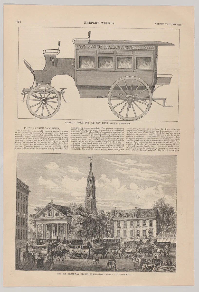Fifth Avenue Omnibuses: Proposed Design for the New Fifth Ave Omnibus & The Old Broadway Stages in 1831, from "Harper's Weekly" by Harper's Weekly, print, 1880-1890