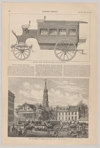 Fifth Avenue Omnibuses: Proposed Design for the New Fifth Ave Omnibus & The Old Broadway Stages in 1831, from "Harper's Weekly" by Harper's Weekly, print, 1880-1890