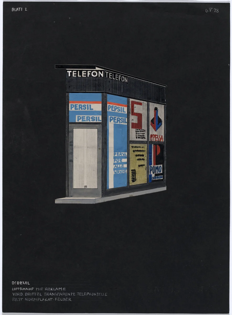 Design for airshaft with advertising and telephone booth by Walter Dexel, drawing, 1928