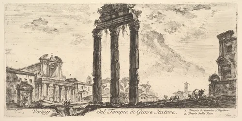 Plate 10: Ruins of the Temple of Jupiter Stator (Jupiter the Supporter). 1. Temple of Antoninus and Faustina. 2. Temple of Peace. (Vestigi del Tempio di Giove Statore. 1. Tempio d'Antonino e Faustina. 2. Tempio della Pace.), from "Antichità Romane de' Tempi della Repubblica, e de' primi Imperatori" by Giovanni Battista Piranesi, print, 1743-1753