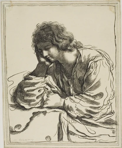 Saint John the Evangelist in Meditation by Guercino, drawing, 1650-1899
