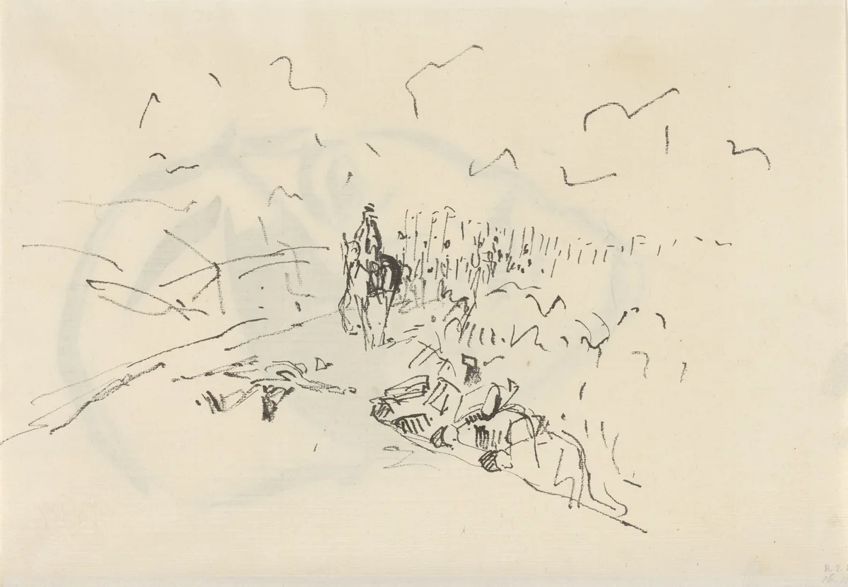 Leger dat op een lichaam op een weg stuit by Rik Wouters, drawing, 1892-1916