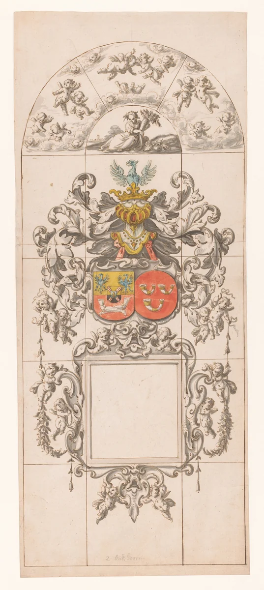 Ontwerp voor glasraam zeven in kerk te Oudshoorn by Pieter Jansz, drawing, 1663-1667