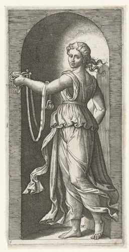 Vrouw als personificatie van Matigheid (Temperantia) met breidel staand in nis by Unknown, print, 1510-1527