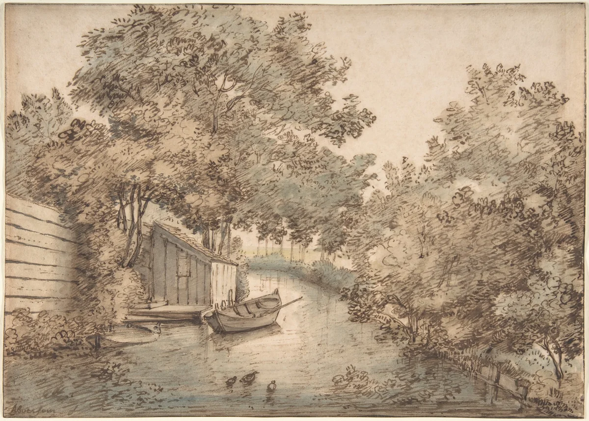 Canal with a Boat and Ducks by Anthonie van Borssom, drawing, 1624-1677
