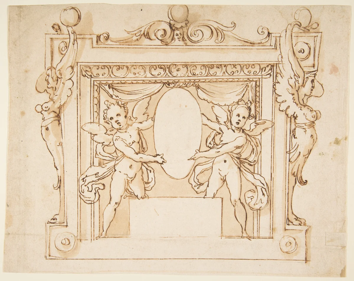 Drawing for a Memorial Tablet: Two Winged Children Holding an Empty Oval in a Frame with Gryphons by Federico Zuccaro, drawing, 1555-1609