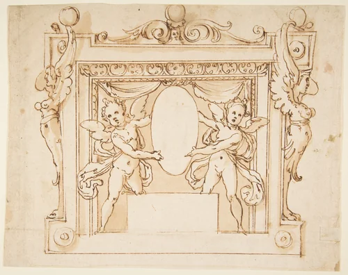 Drawing for a Memorial Tablet: Two Winged Children Holding an Empty Oval in a Frame with Gryphons by Federico Zuccaro, drawing, 1555-1609