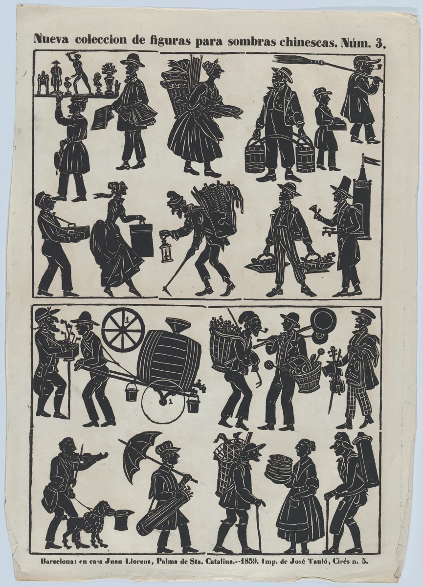 Sheet 3 of figures for Chinese shadow puppets by Juan Llorens, print, 1859