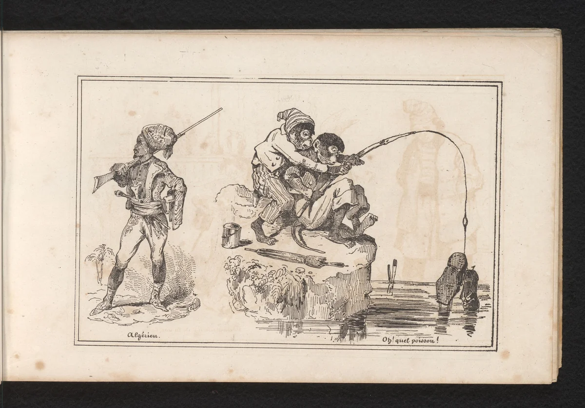 Algerijnse soldaat en twee vissende apen by Eugène Hippolyte Forest, book, 1834