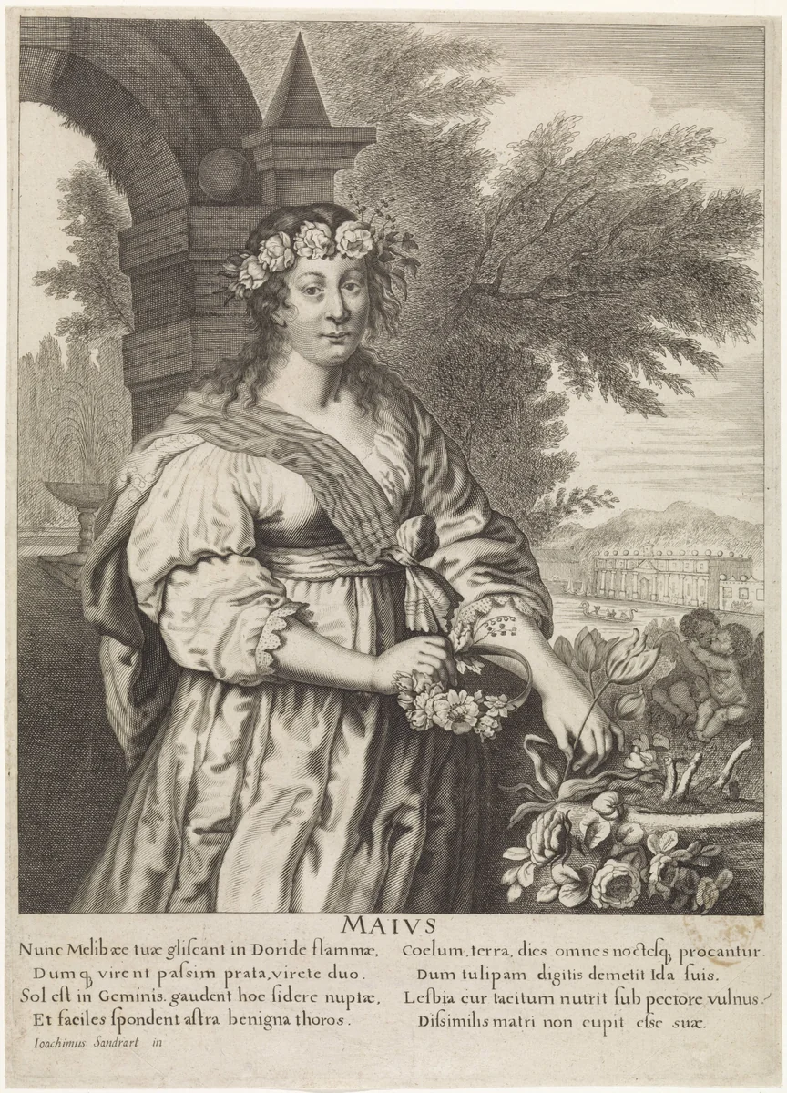 Mei: Jongevrouw met een bloemenkrans by anonymous, print, 1645-1695