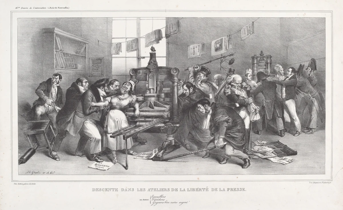 Descente dans les Ateliers de la Liberté de la presse (Raid on the Workshops of the Freedom of the Press) by Jean-Ignace-Isidore Grandville, print, 1833