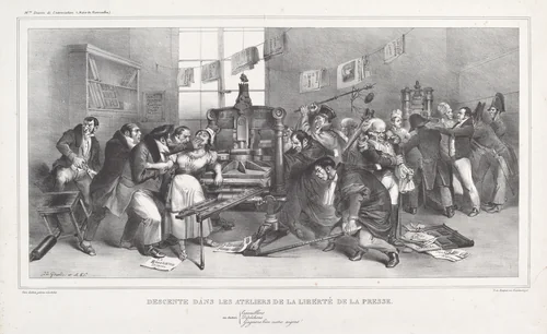Descente dans les Ateliers de la Liberté de la presse (Raid on the Workshops of the Freedom of the Press) by Jean-Ignace-Isidore Grandville, print, 1833