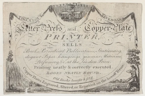 Trade card for Thomas Clout, printer by anonymous, print, 1700-1800