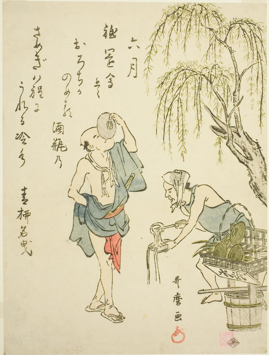 The Sixth Month (Rokugatsu), from an untitled series of genre scenes in the twelve months, with kyoka poems by Kitagawa Utamaro (喜多川歌麿), print, 1787-1798