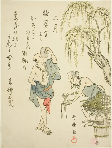The Sixth Month (Rokugatsu), from an untitled series of genre scenes in the twelve months, with kyoka poems by Kitagawa Utamaro (喜多川歌麿), print, 1787-1798