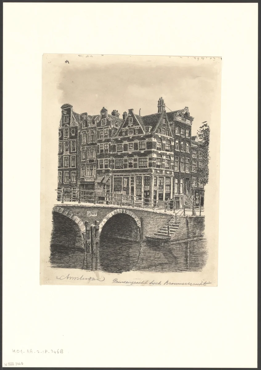 Gezicht op de Prinsengracht, hoek Brouwersgracht by anonymous, drawing, 1850-1950