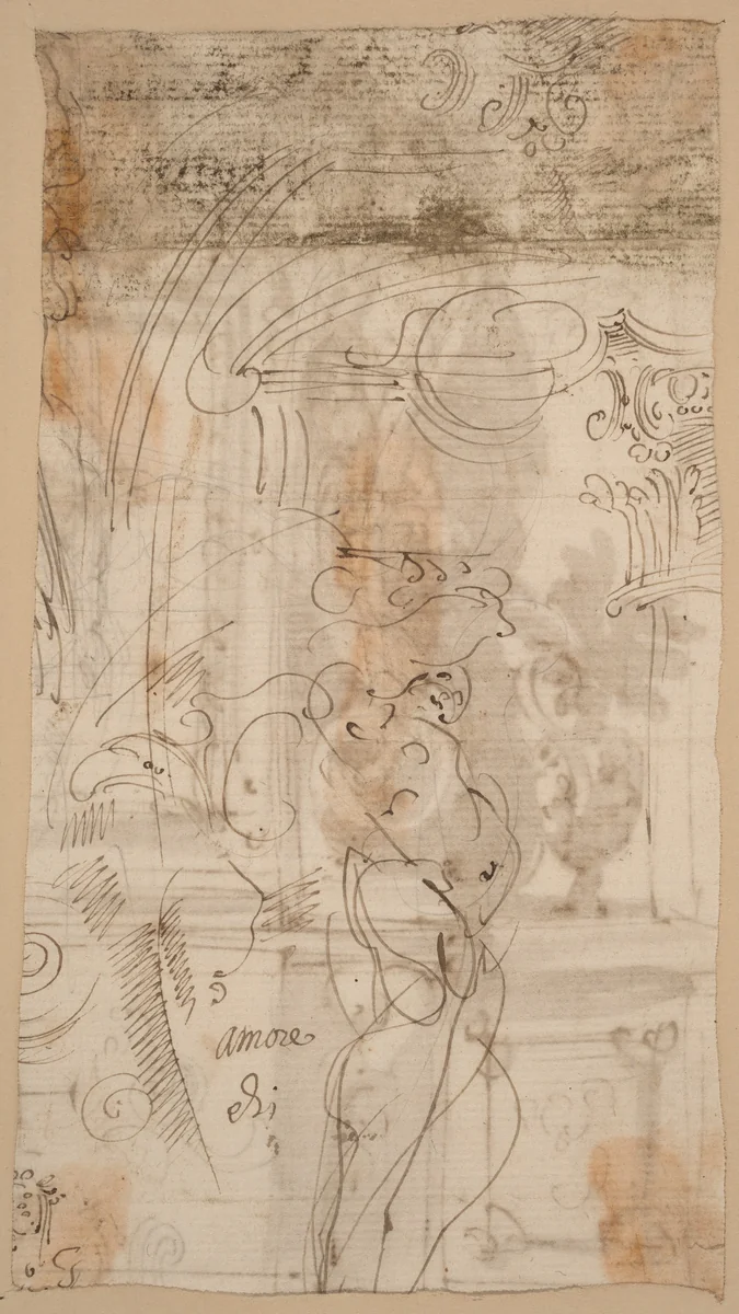 An Architectural Study with an Atlantid by Genoese, drawing, 1600-1699
